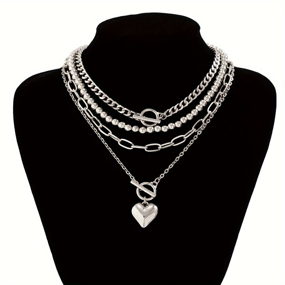 TEMU 4pcs Set Of Hip-hop Easy Bead Necklace Women's All-match Geometric Ot Closure Short Heart Chain Jewelry