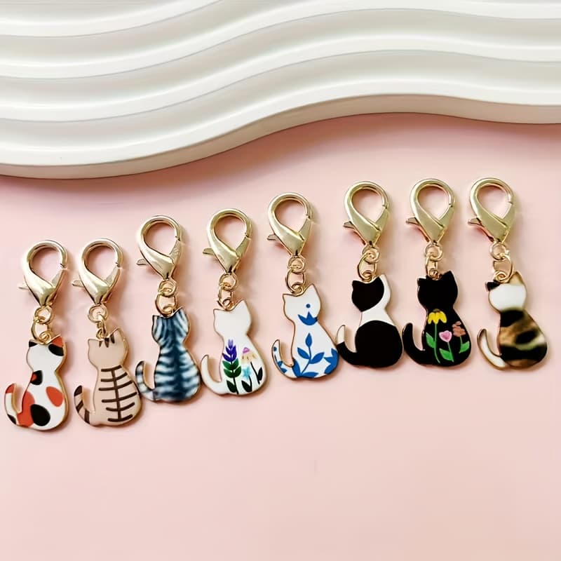 TEMU 8pcs Cute Cat Pattern Keychain Set - Alloy, Fashion Accessories For Men And Students