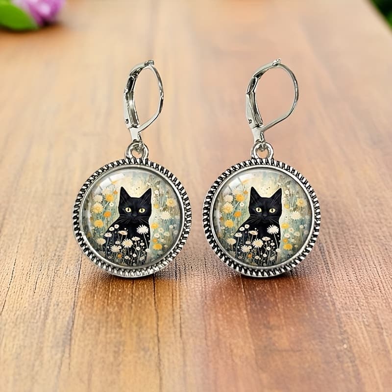 TEMU 1 Pair Of Black Cat And Daisy Vintage Earrings Round Glass Earrings, Without Battery