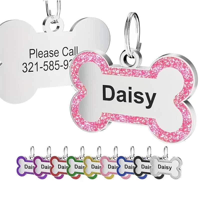 TEMU Glitter Bone Pet Tag - 1pc, Customizable With Dog Name & Phone Number, Double-sided Engraving Option, Multiple Colors