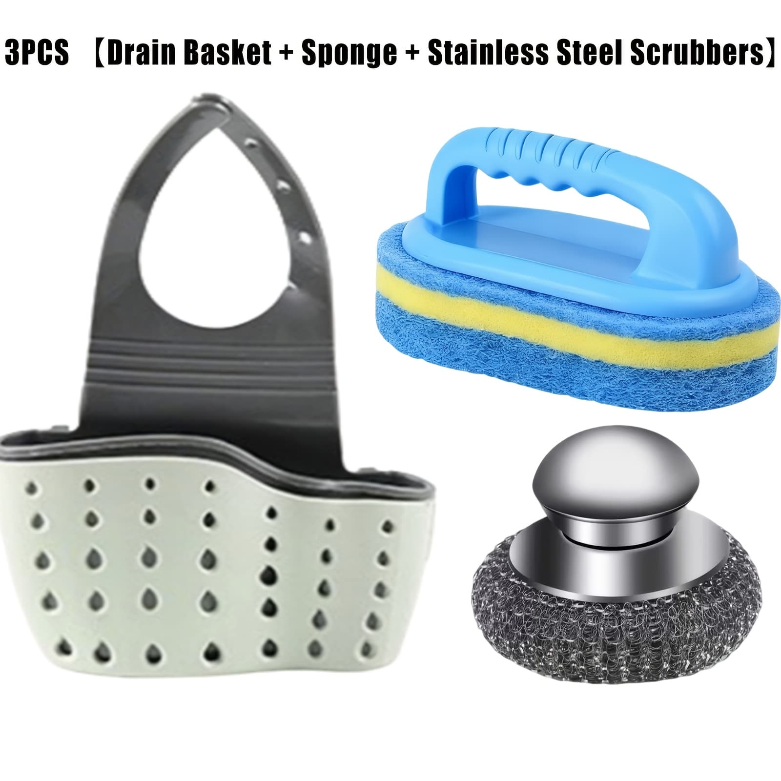 TEMU 3pcs Drain Basket + Sponge + Stainless Steel Scrubbers Set | Durable Plastic Drain Basket With Sponge And Stainless Steel Brushes For