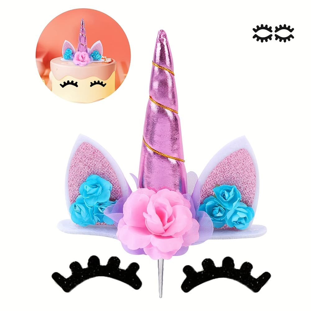 TEMU 3pcs/set Unicorn Cake Topper With Eyelashes, Birthday Party Supplies Unicorn Cake Decoration Horn Cake Topper Unicorn Birthday Decorations For Birthday Cake Topper With Base