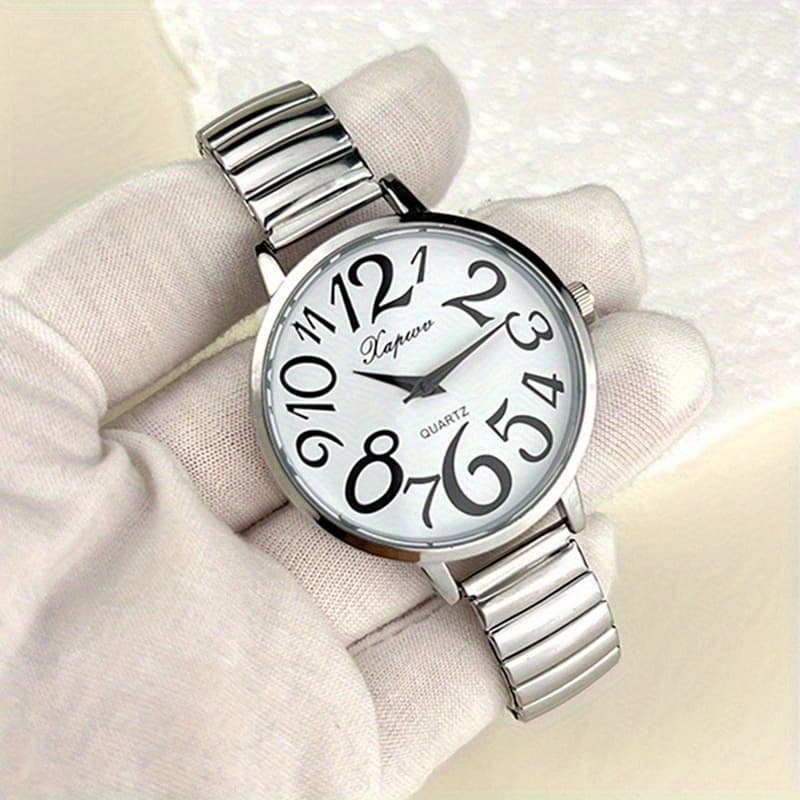 TEMU Classic Elastic Strap Stainless Steel Alloy Wristwatch, Elegant Quartz Watch For Seniors, Simple For Casual Attire Clock