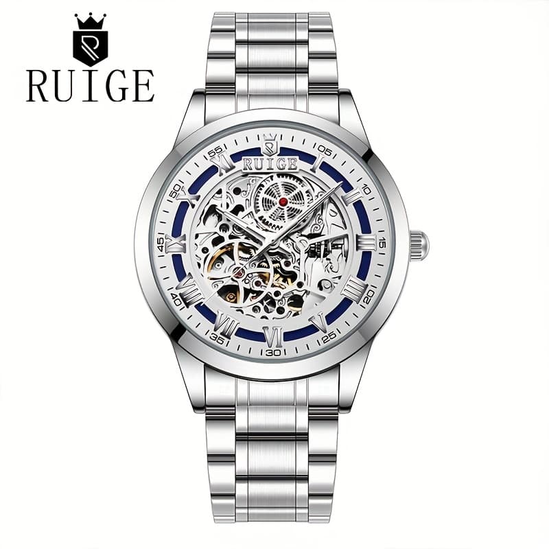 TEMU Ruige Men's Business Fully Automatic Mechanical Watch, Stainless Steel Double-sided Skeleton Mechanical Watch, Men's Luminous Party Fashion Watch