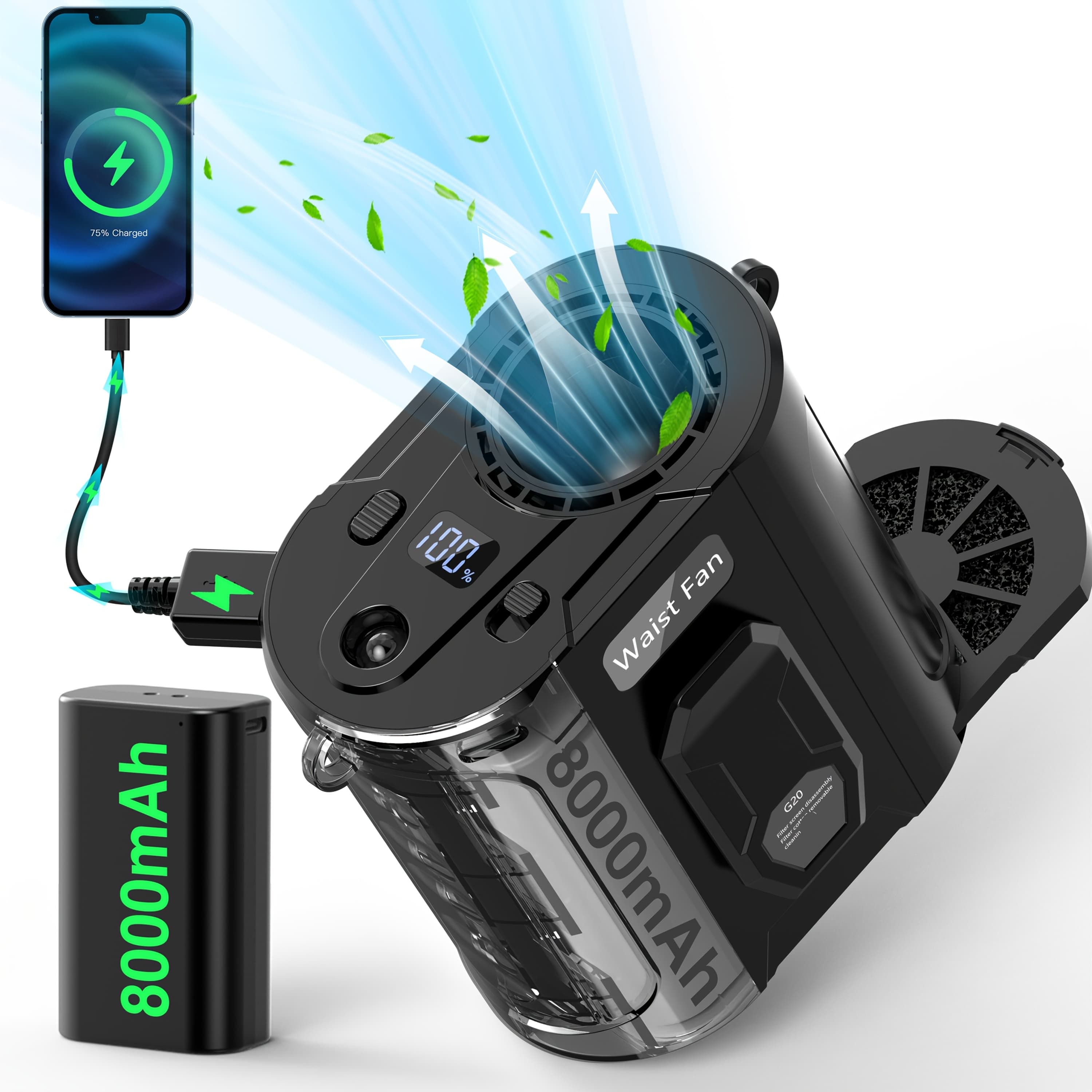 TEMU Ai 8000mah Portable Waist Fan With Spare Battery 5 Strong Fan 26h Working Time, Rechargeable Flashlight For Outdoor Hiking Camping Power Bank