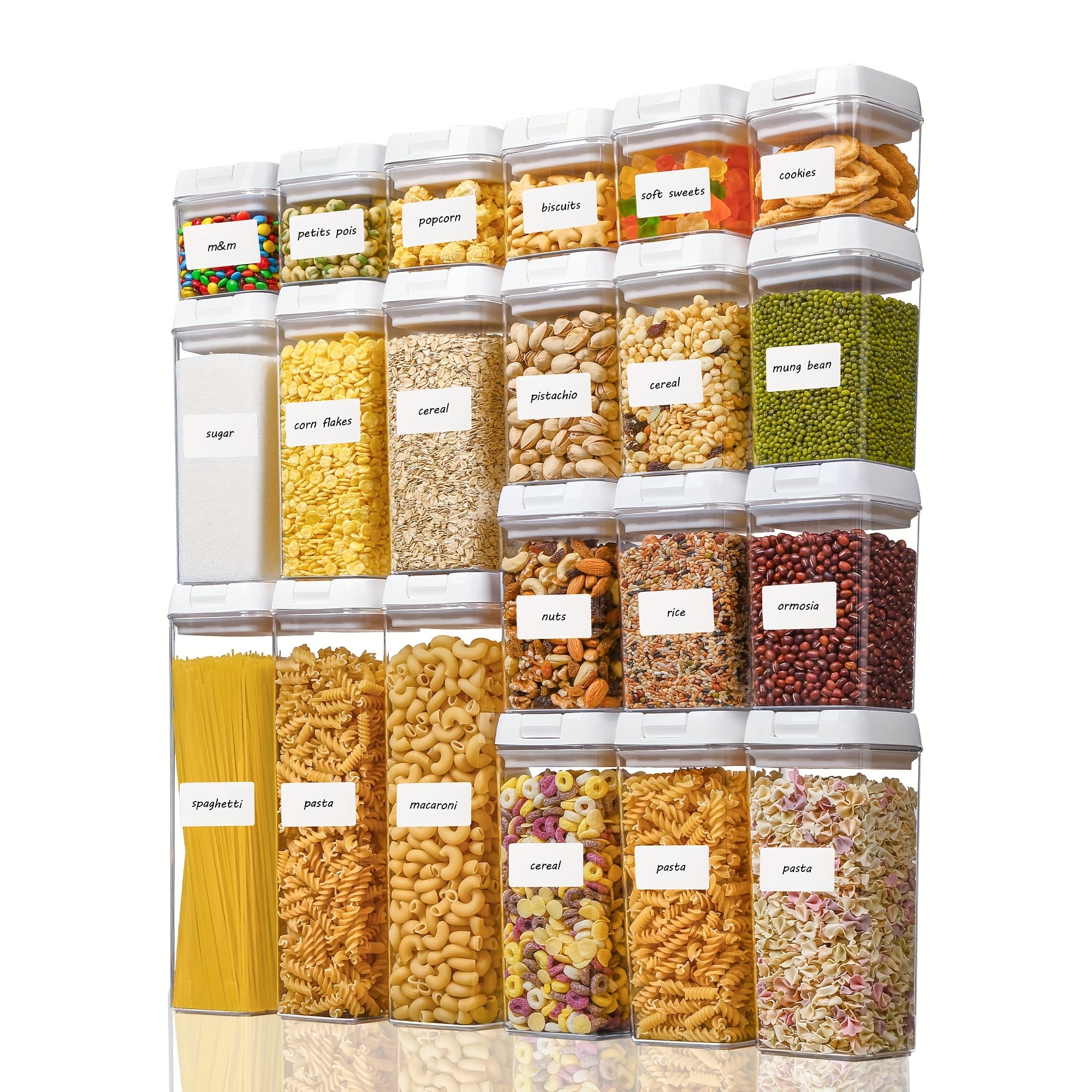 TEMU 21pcs Airtight Food Storage Containers Set, Sealed Jar, Bpa Free Plastic Kitchen Pantry Organizer, With Lids For Pasta Spaghetti Cereal Snack Flour Sugar Rice Organization, 24 Labels