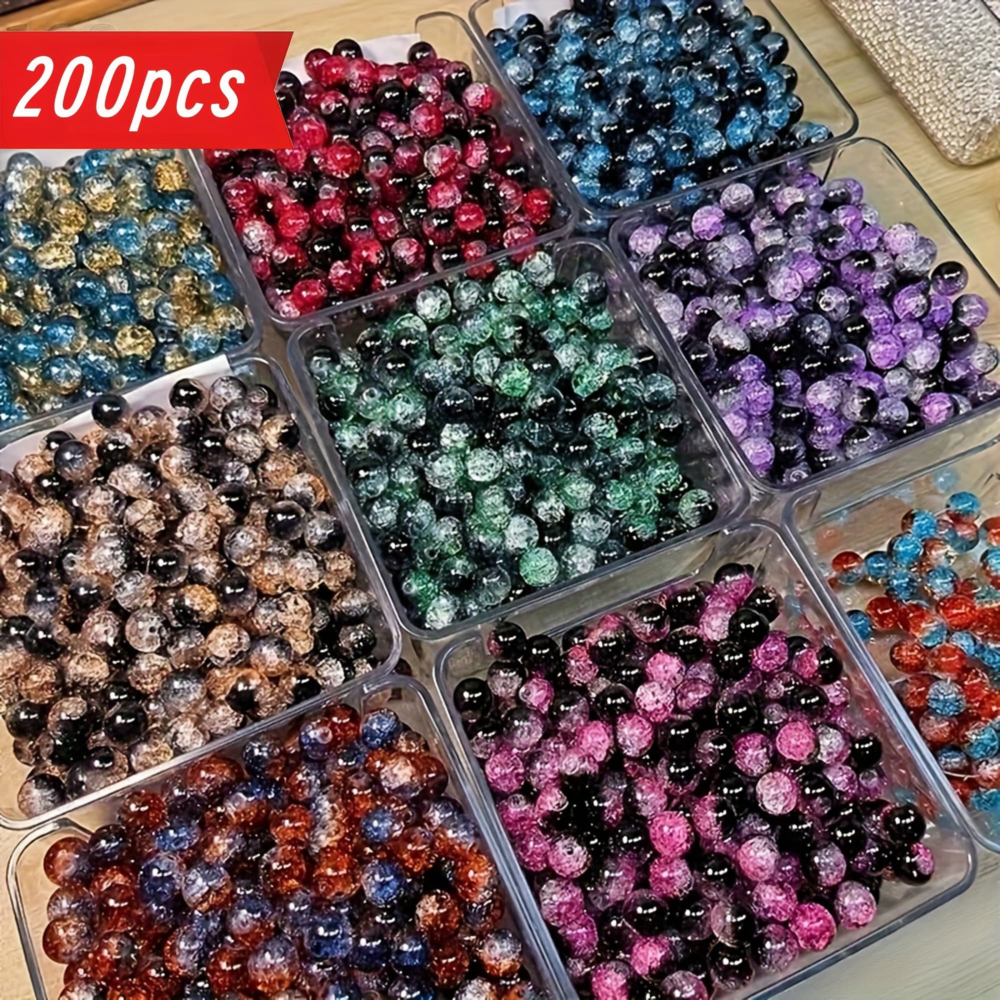 TEMU A Collection Of 200 Shiny, Cracked Round Beads Measuring 10mm, In Different Colors, For Jewelry Projects, Craft Materials, And Components For Jewelry Making