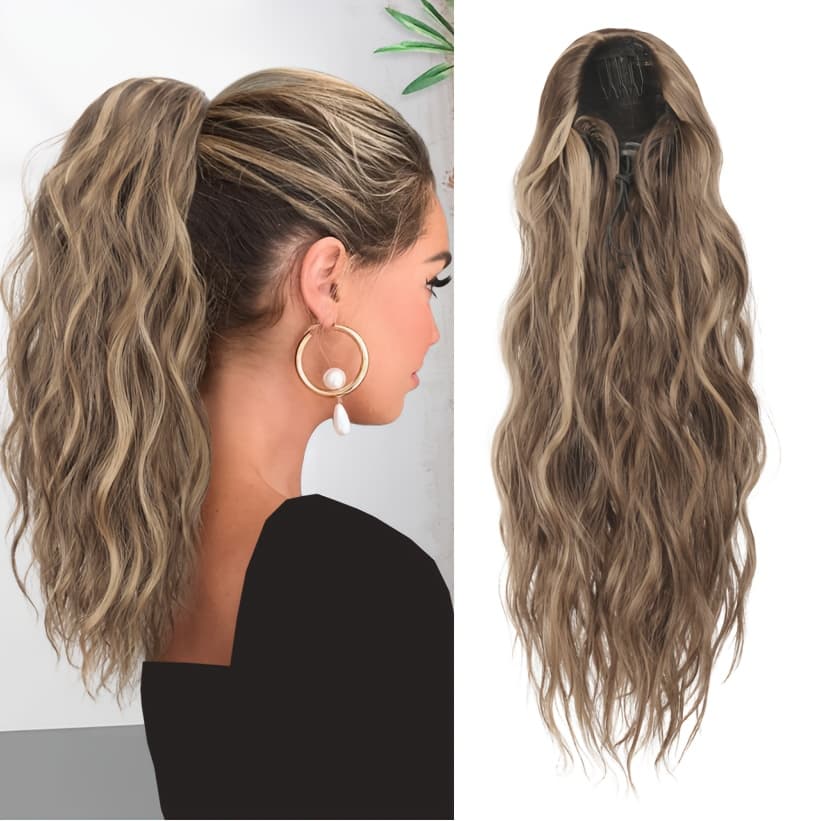 TEMU 16-inch Women's Dark Brown Long Curly Drawstring Ponytail - Synthetic Hair Piece, , Adds Volume, Suitable For Daily Wear, And Parties