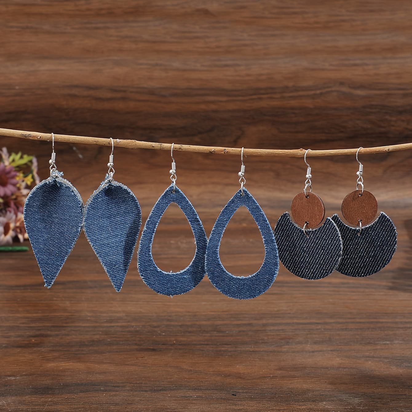TEMU 3 Pairs Of Faux Leather Denim Earrings, Featuring Denim Round Pieces And Hollow Shapes, Suitable For Everyday Outfits, Without Battery