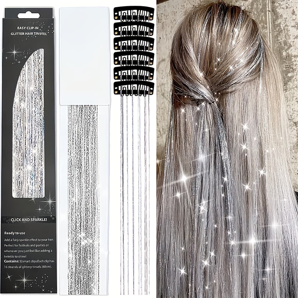 TEMU 6pcs/pack Hair Accessory Set, 59.99cm, For Parties, Cosplay, And Holiday Gifts, Long Straight Synthetic Fiber Hair Accessories, Glitter Hair Wig, Heat Resistant, Hair Accessories With Clips