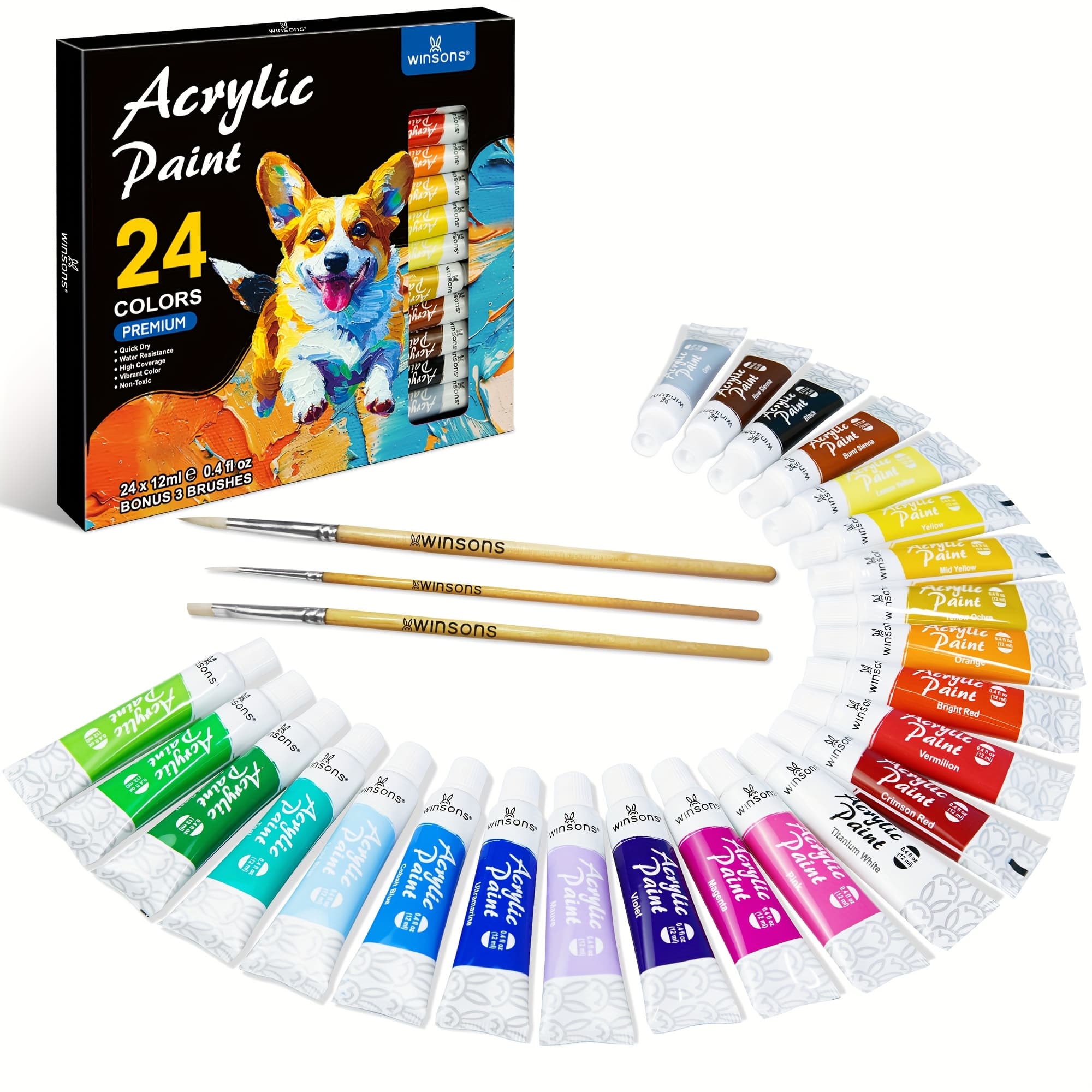 TEMU Acrylic Paint Set, 12/ 12ml Tubes, Basic And Metallic Colors, And Lightfast, Quick Drying, For Stone, Ceramic, Wood, Paper