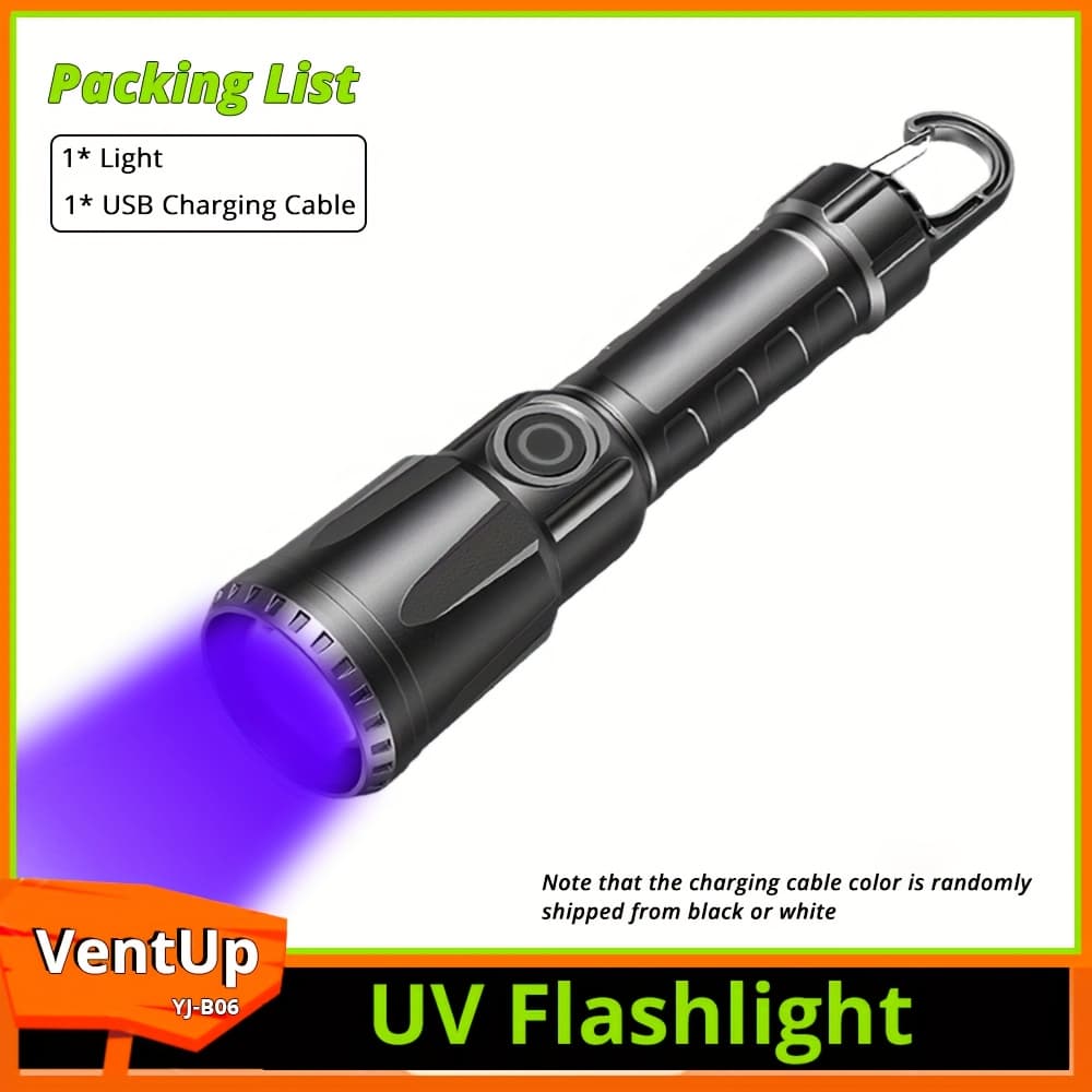 TEMU 1pc 395nm Uv Handheld Flashlight, Usb Rechargeable Black Light, Flashlight With Hook, Suitable For Pet Urine Testing And Stain Fluorescent Agent Inspection, Nail Resin Curing Lamp