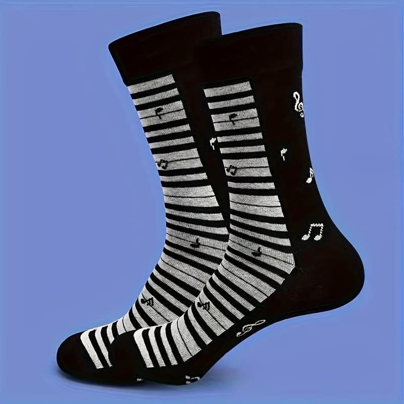 TEMU 1/3 Pairs Of Cartoon Piano Key Music Notes Design Mid-calf Socks For All , Fashionable And Trendy Outdoor Athletic Socks