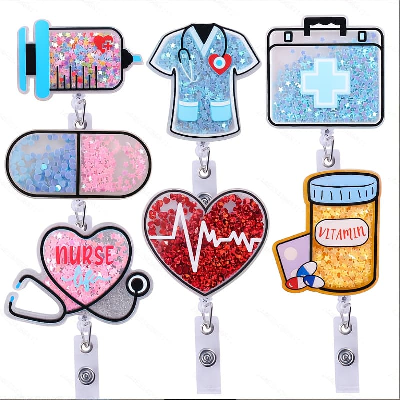 TEMU 2d 7pcs New Quicksand Durable Plastic Badge Holder With Retractable Rope, Fun Nursing And Medical Nurse Staff Id Clip, Suitable For Teachers And Office Staff, Auto Retractable, Sturdy Nylon Rope