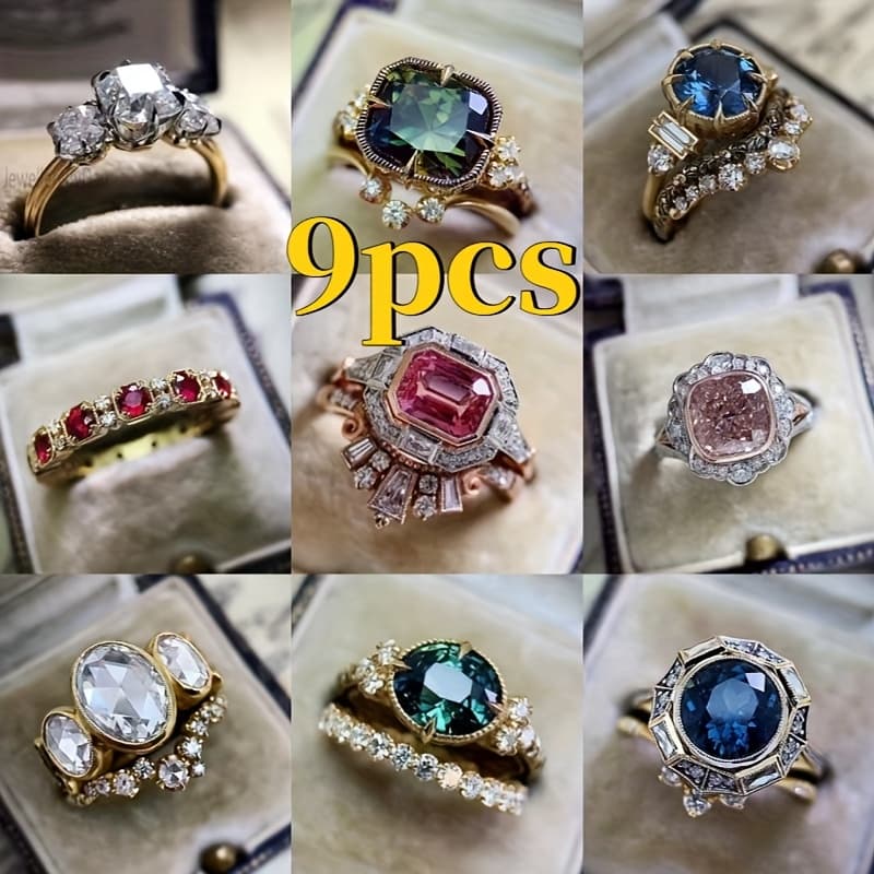 TEMU 9pcs And Fashionable Multi Style Women's Synthetic Synthetic Zirconia Exquisite Luxury Ring, Unique Women's Promise Wedding Jewelry Perfect 's Clothing Accessories