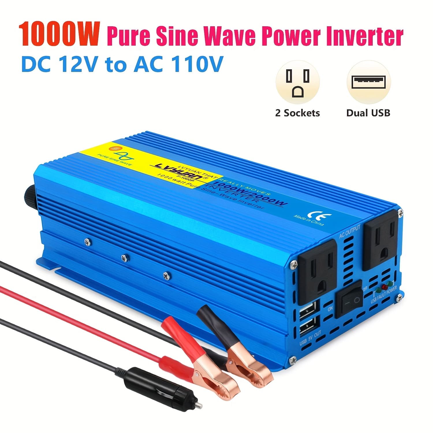TEMU Lvyuan 6000w Pure Sine Inverter, 1000w/2000w Pure Sine Wave Inverter, 12v To 110v Ac Power Inverter With 2 Us Sockets, Dual Usb Ports (3.1a), For Car, Home, Rv, Gift