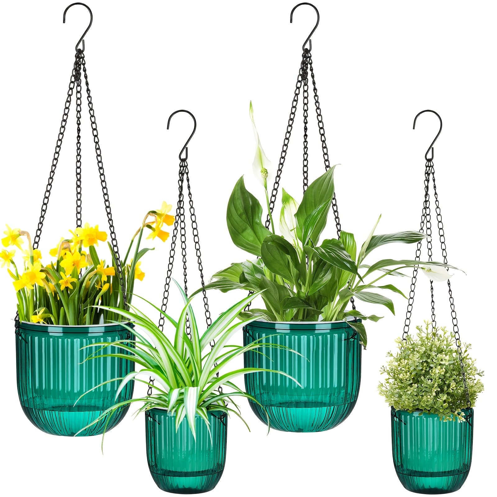TEMU 4pcs Self Watering Hanging Planters Indoor 6.5'' 4.5'' Hanging Flower Pots Baskets Outdoor Self Watering Hanging Plant With 3hooks Drainage Holes For Home(emerald)