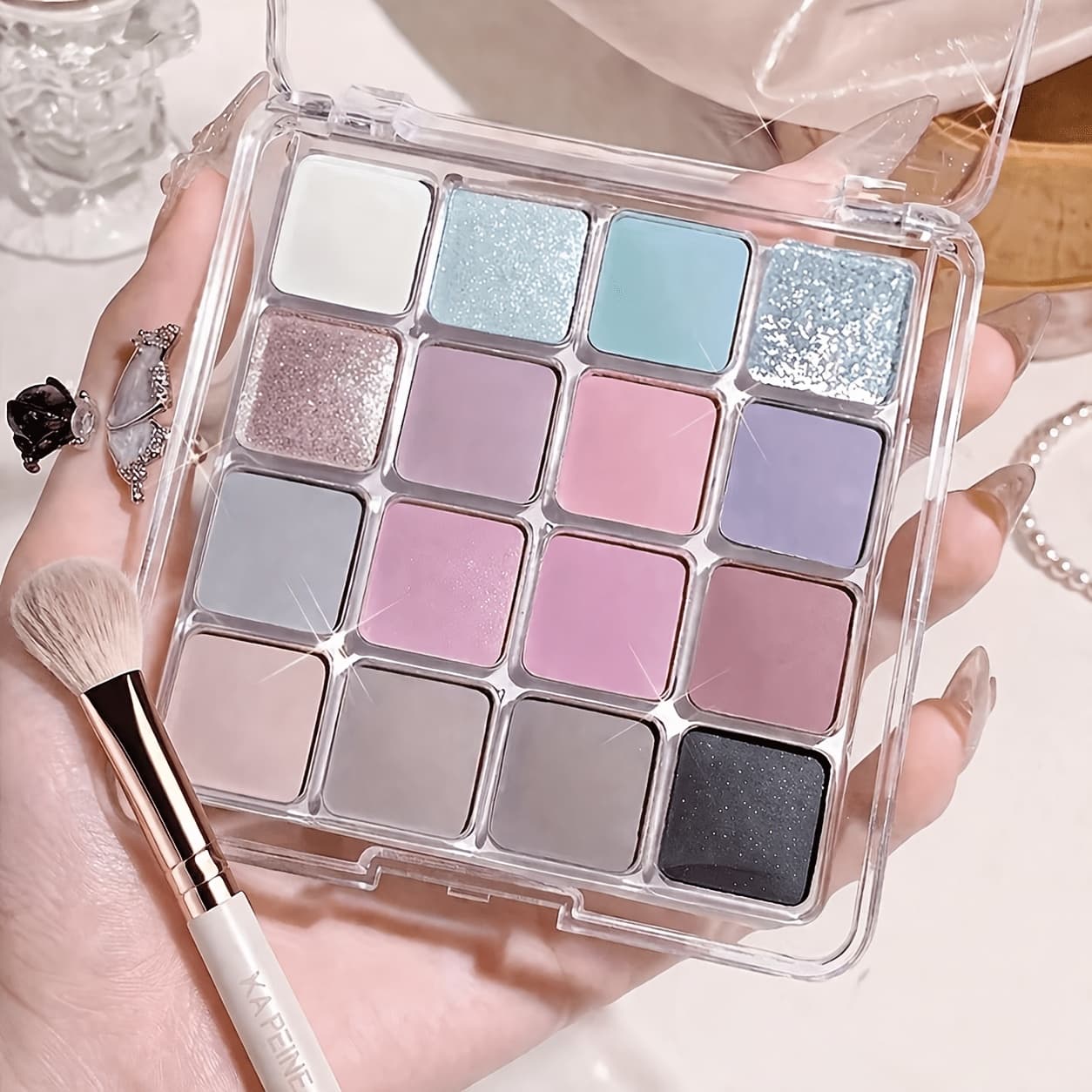 TEMU K'apeine 16 Colors Pastel Eyeshadow Palette, Matte Shimmer Glitter Eye Shadow Makeup Palette, Purple Gray Long Lasting Kit