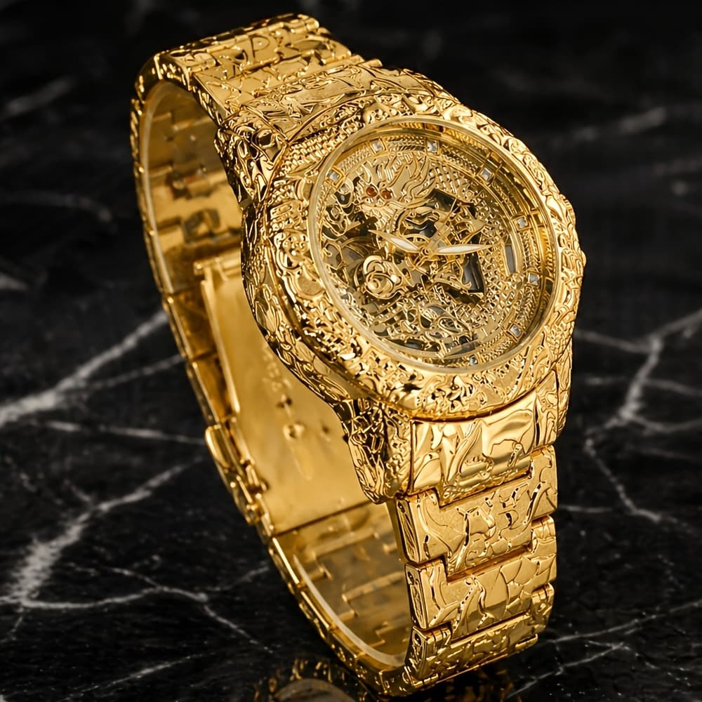 TEMU 1pc Men's Yellow Steel Belt High-end Dragon Carving Tourbillon Mechanical Watch