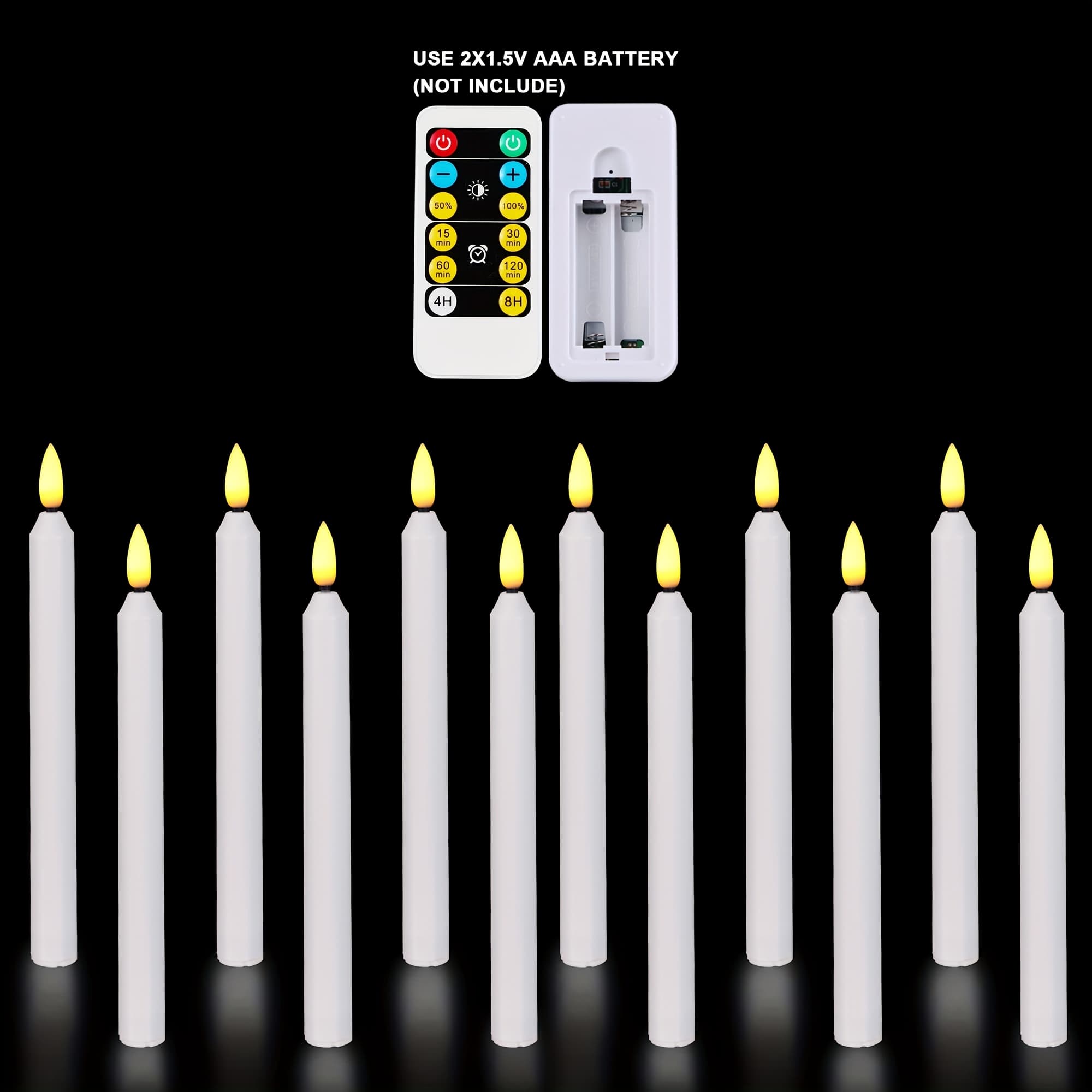 TEMU Max 2500hours 12 Pack 9 Inch Decorative Led Taper Candles With Remote Control, Flameless Candles, Used For Hallway, Bathroom, By 2*aa Batteries (not )