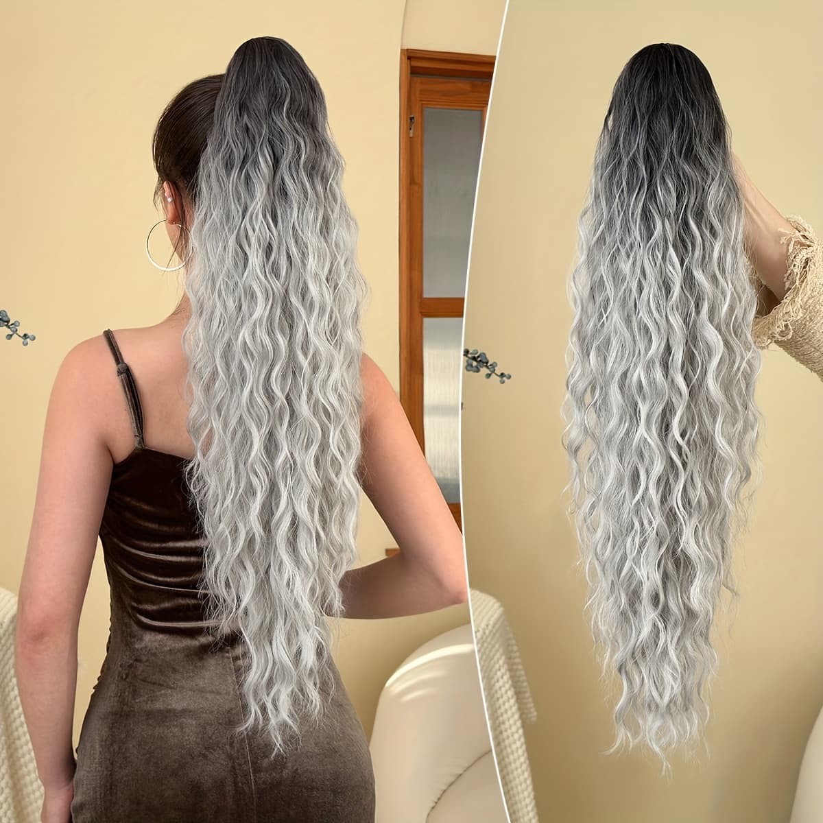 TEMU Claw Ponytail Extension Hair Ombre 28 Inch Long Water Wave Heat-resistant Fiber Synthetic Ponytail Suitable For Women' Use