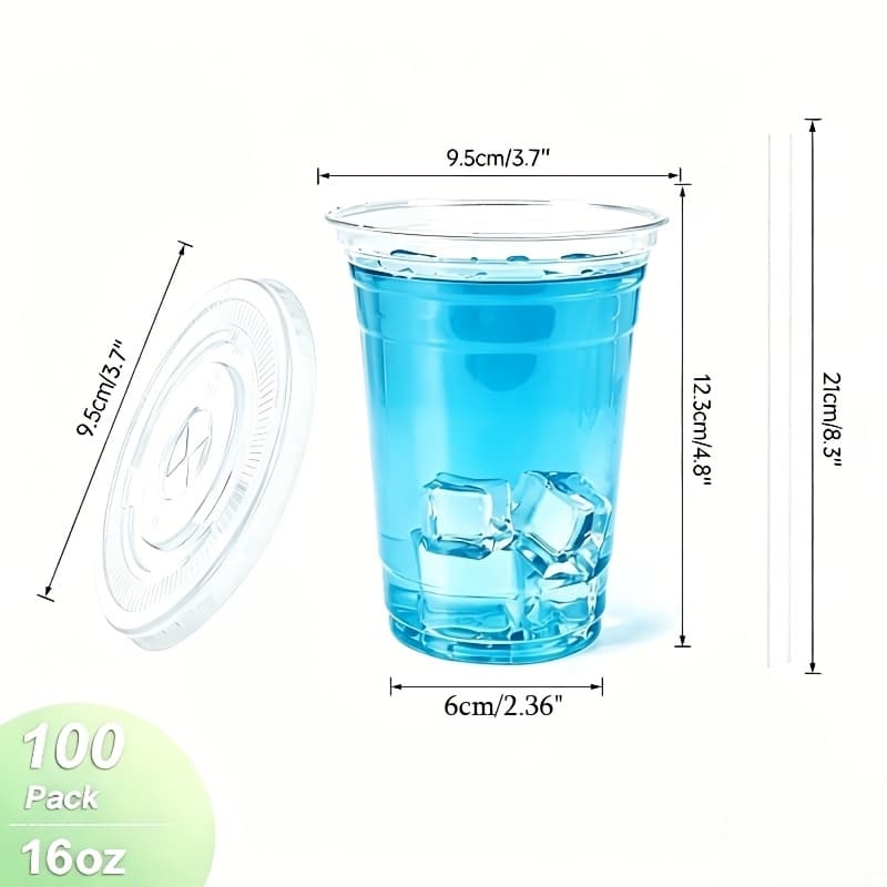 TEMU 100 Pack Disposable Clear Plastic Cups, 16/20/24oz Iced Coffee Cups With Flat Lids & Clear Straws, Bpa-free Cold Drink Cups For Smoothie, Juice, Milkshake, Tea, Use