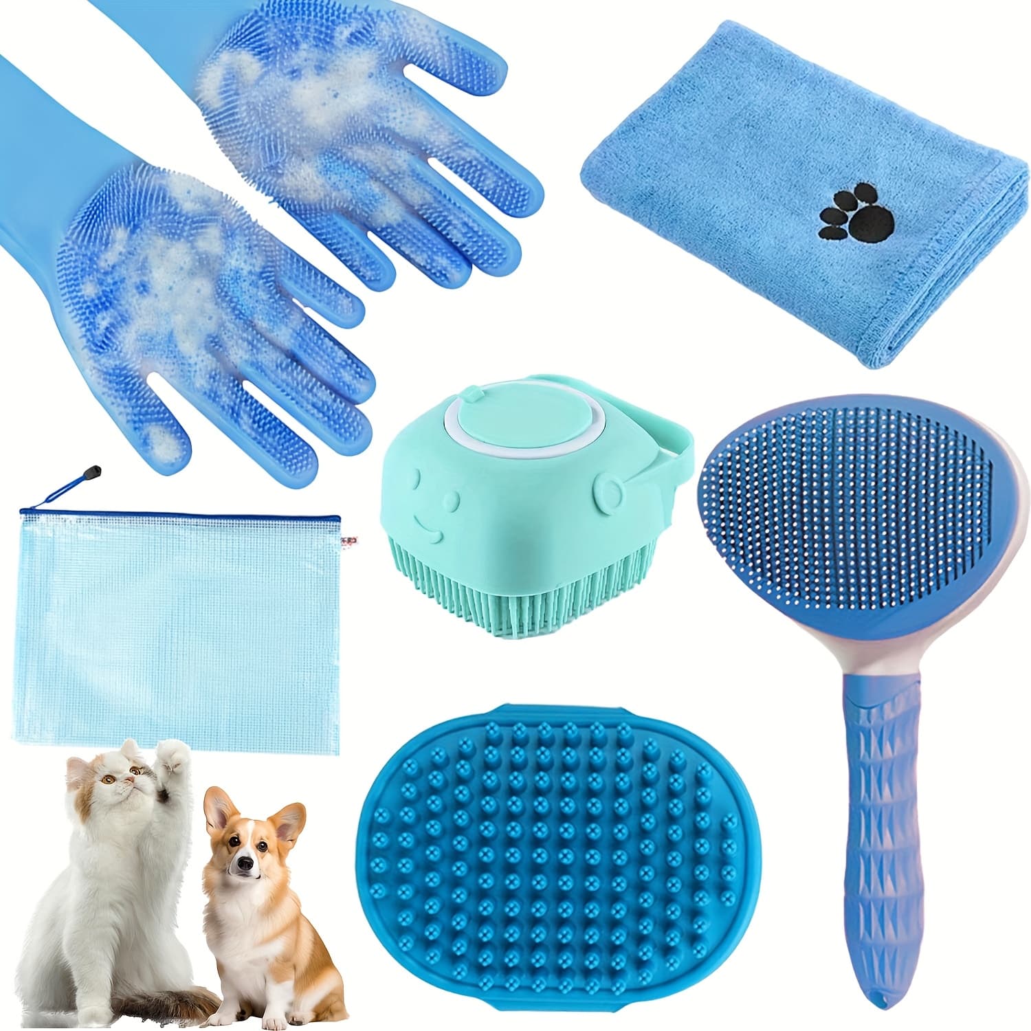 TEMU 6pcs Dog Grooming Kit - Brush, Microfiber Towel, Washing Gloves, Shedding Tool - Care For , No Power Required