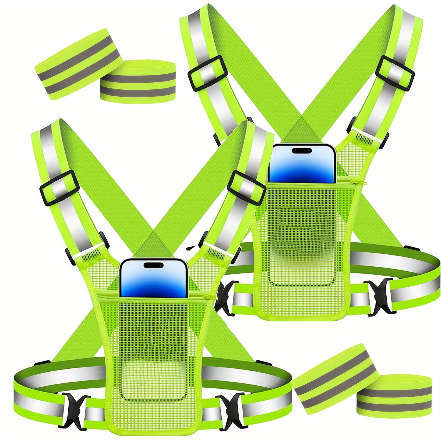 TEMU 2 Pack Running Vest Chest, 2 Reflective Bracelets, Phone Holder For Women Men, Reflective Vest Safety Gear For Dog Walking Cycling - Adjustable Waist/shoulder
