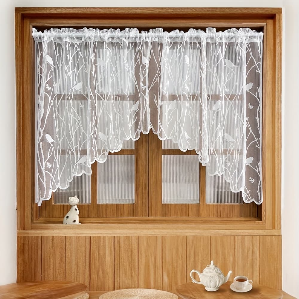 TEMU 1 Panel Rustic Lace Bird Short Curtains For Kitchen, Dining Doorway, Animal Print Small Curtains, Cafe Half Curtains Rod Pocket Top Drapes