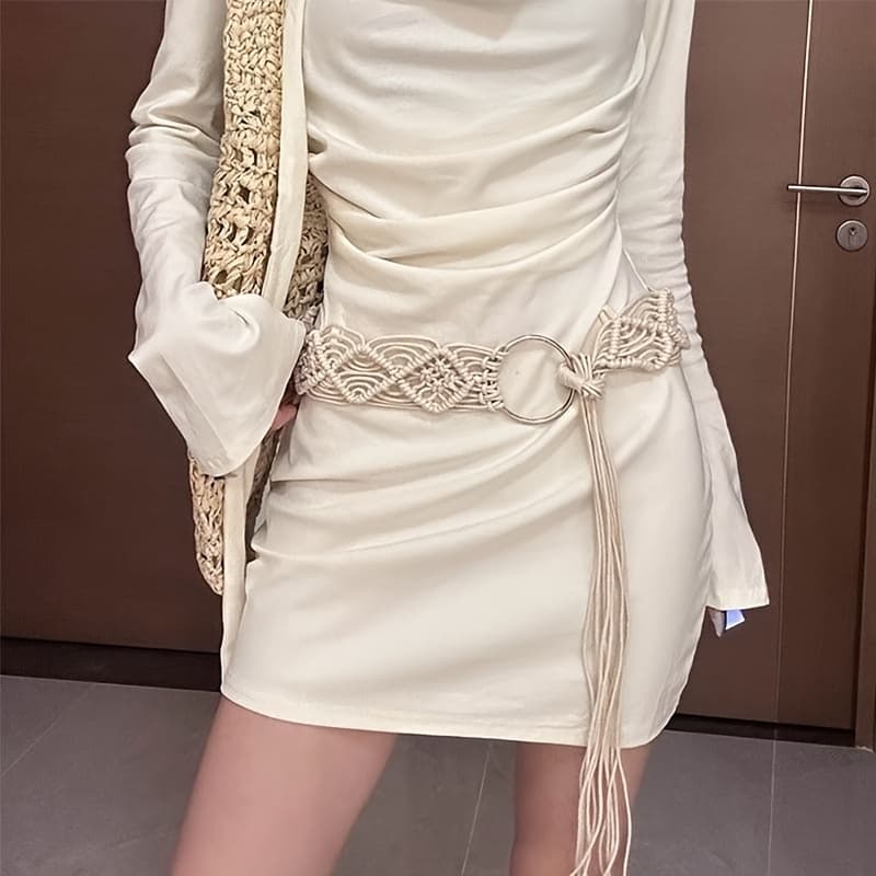 TEMU Bohemian Wax Cord Braided Belt 2025 New Women's Versatile Fringe Hollow Belt For Skirts, Versatile Belt Accessory