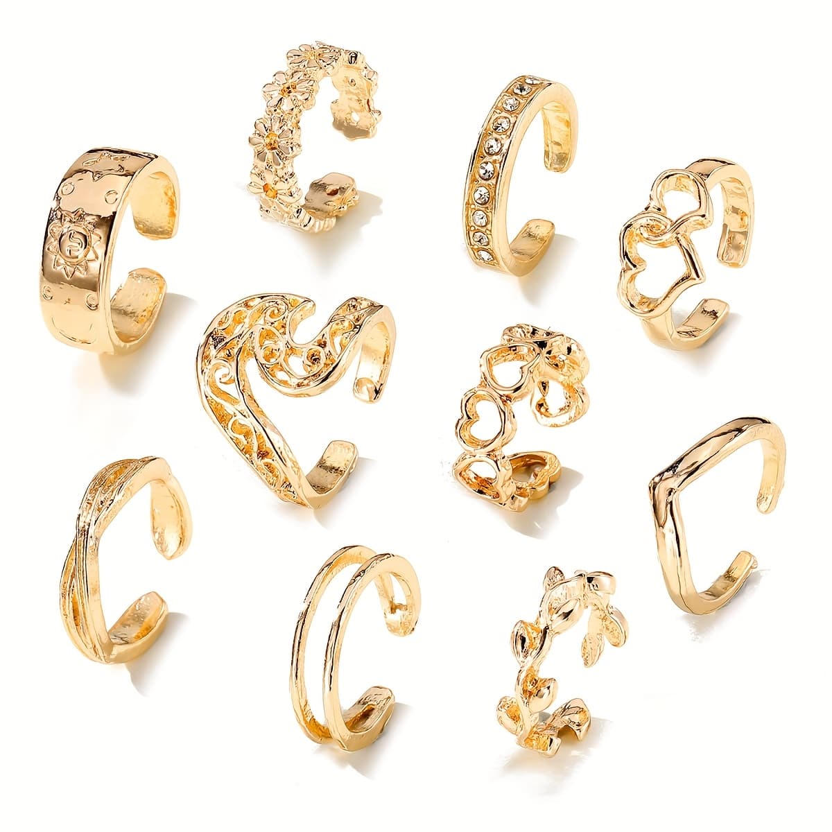 TEMU 1 10pcs Floral Open Toe Ring Set - Golden Twisted Lines With Irregular , Perfect For Beach Vacations, Everyday Wear, And Parties.