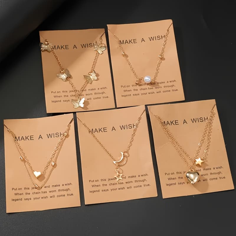 TEMU Set Of 6 Bohemian Necklaces - Featuring Pearls And Celestial Charms With Card