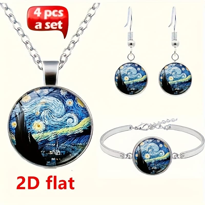 TEMU 2d Flat Fashion Charm Jewelry Painting Round Glass Alloy Pendant Necklace Earrings Bracelet Bracelet Set (total 4pcs) Jewelry Necklace Earrings Bracelet Bracelet Set Women's Fashion Gifts