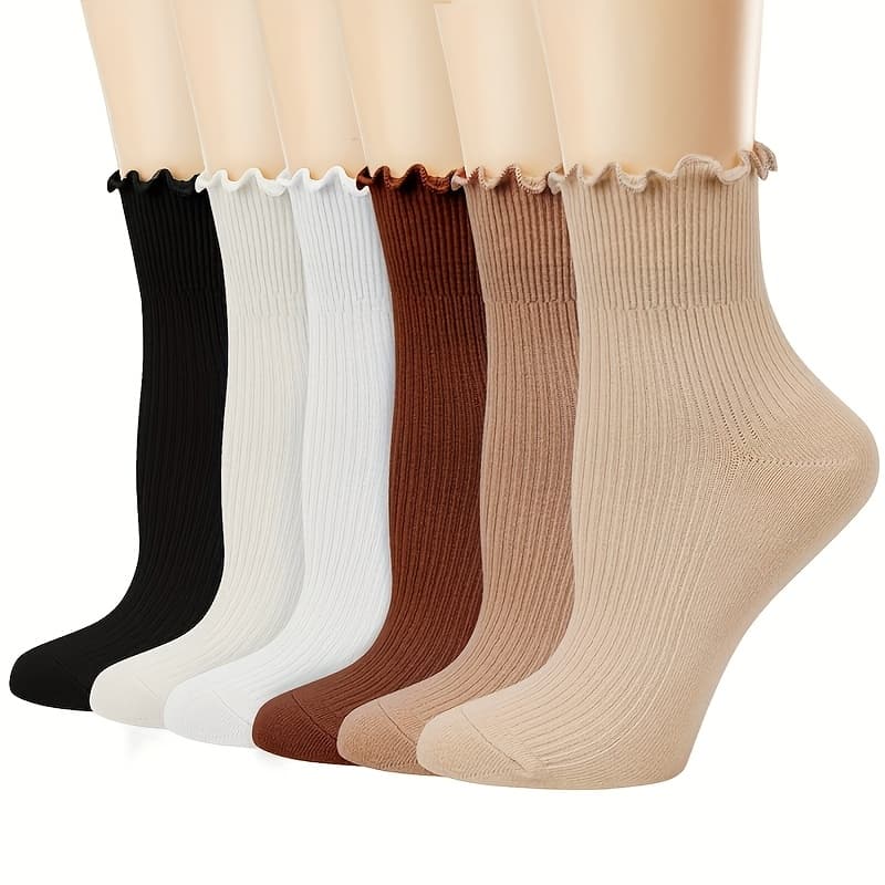 TEMU 6 Pairs Of Women's Socks, Mid Tube, Autumn And Winter, Black Fungus Edge Pile Socks, Coffee Color, Elegant Temperament, Sweat Absorbing, Breathable, Trendy, With Small Shoes