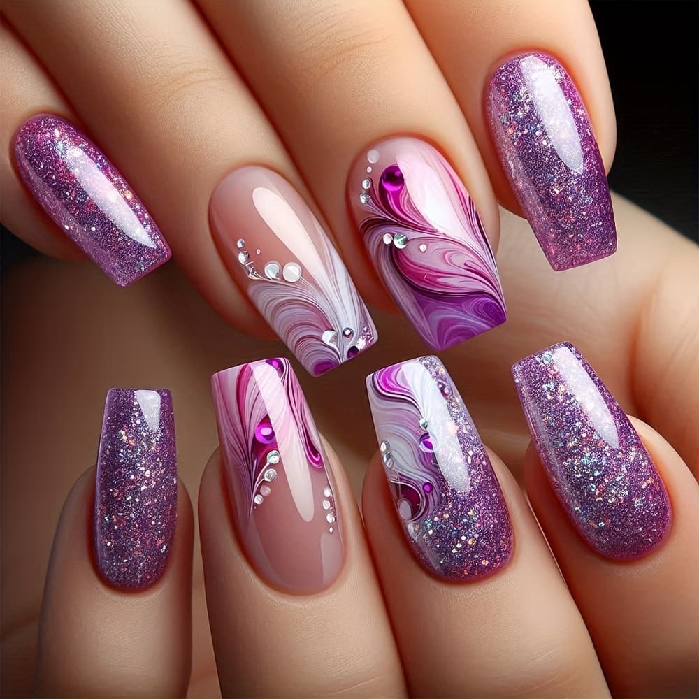 TEMU 24pcs Glossy Medium Coffin Press On Nails Purple Flower Glitter Powder Pattern Fake Nails Shiny Artificial Reusable False Nails For