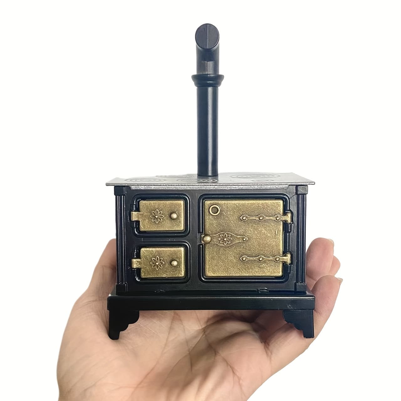TEMU 1/ 12 Scale Alloy Vintage Stove & Cabinet - Long Chimney Opening/ Closing Metal Kitchen For Dollhouse Photography Props
