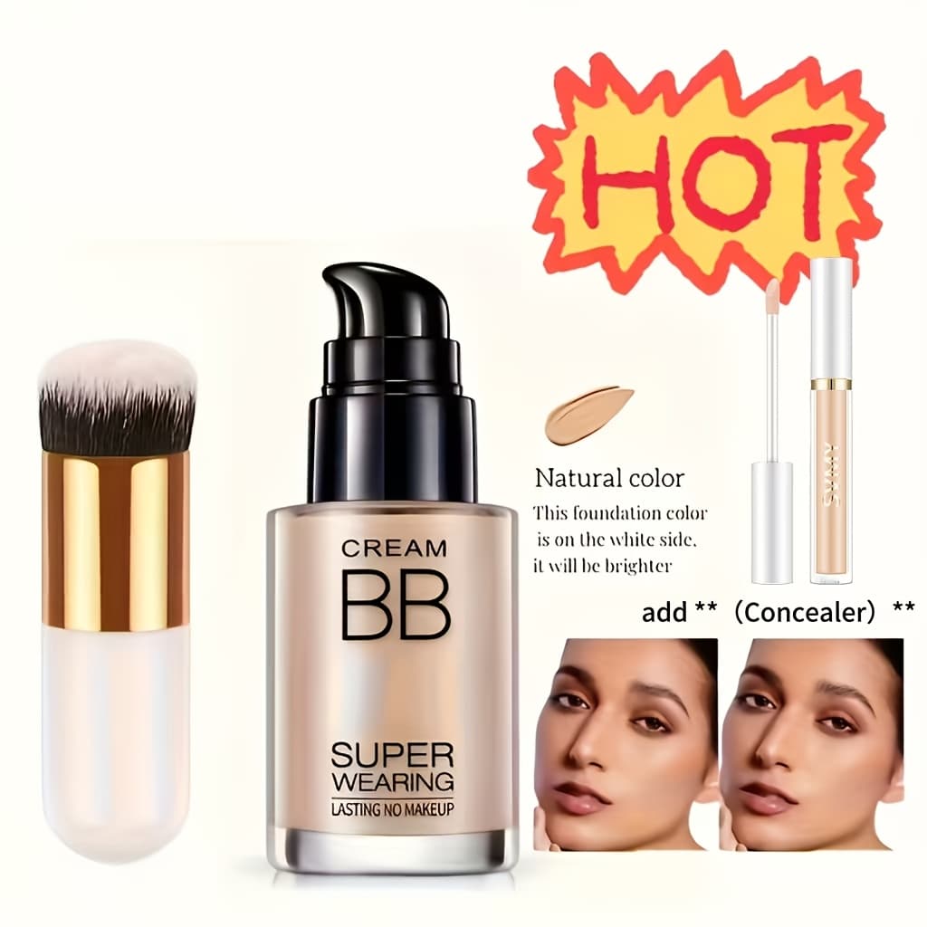 TEMU Women's Bb Cream Liquid Foundation & Brush Set - Buildable Concealer Coverage, Creamy Formula,, Long-lasting Hydration Suitable For Types - Cream, Ideal For Date Night & Holiday Gifts