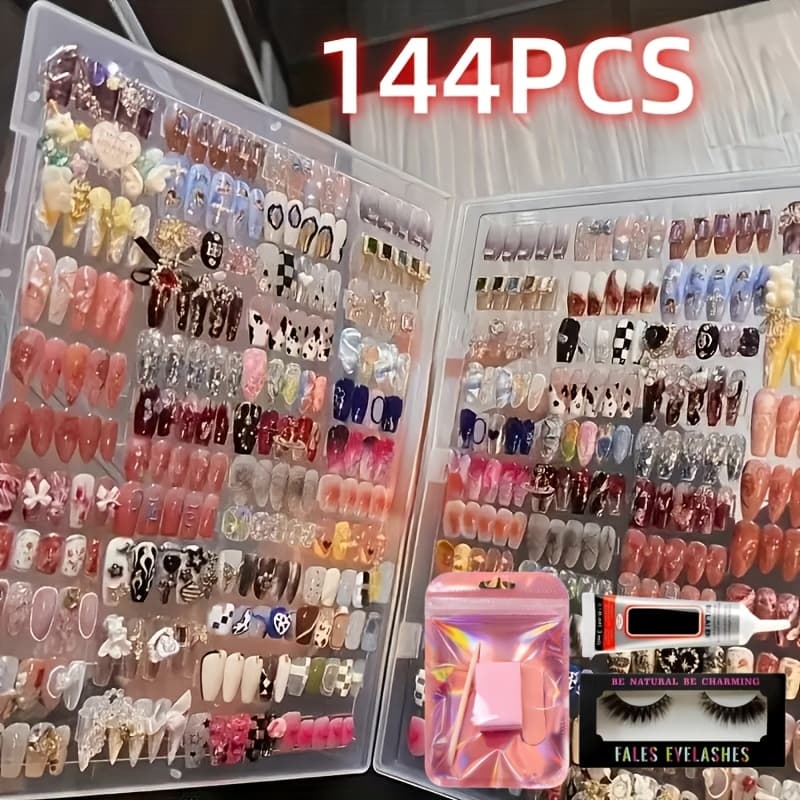 TEMU 144pcs Nail Art Set Featuring Stylish Designs Including, Rhinestones, Hearts, And Patterns In Nude, Pink, And Mixed Colors. Perfect For Any Occasion. Reusable, Easy To Apply