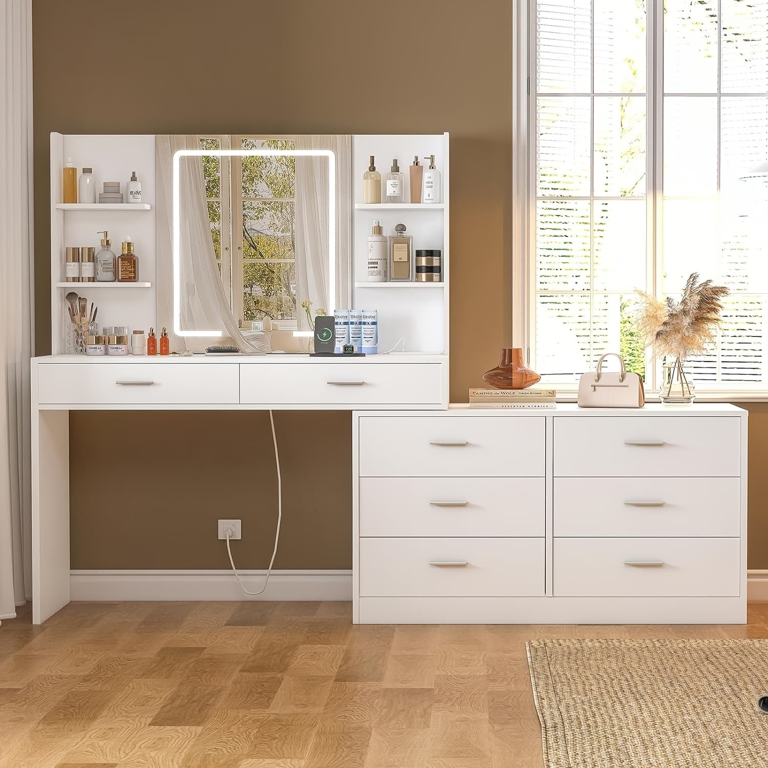 TEMU Vanity Desk With Led Lighted Mirror & Power Outlet, Modern Corner Makeup Vanity Table With 8 Drawers & Open Shelves, Dressing Table For Valentine's Day Gift