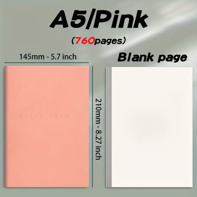 TEMU Minimalist 760 Page Blank Notebook - A5 Size, Suitable For Sketching And Doodling, Made Of Artificial Leather, Soft Cover, Ideal For College Students And Adults, Christmas Gifts