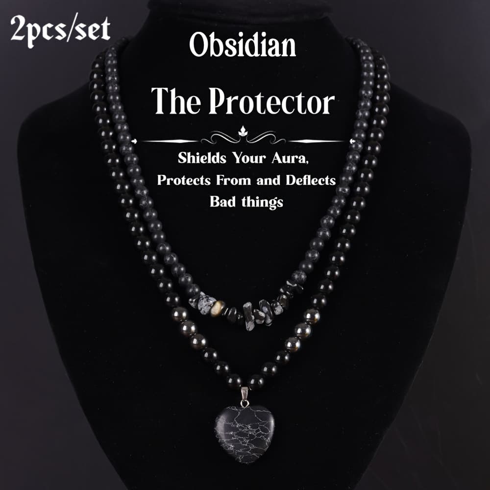 TEMU 2pcs/set Guardian Natural Obsidian Necklace Set, Elegant Heart-shaped Pendant Jewelry Necklace, Gift For Women To