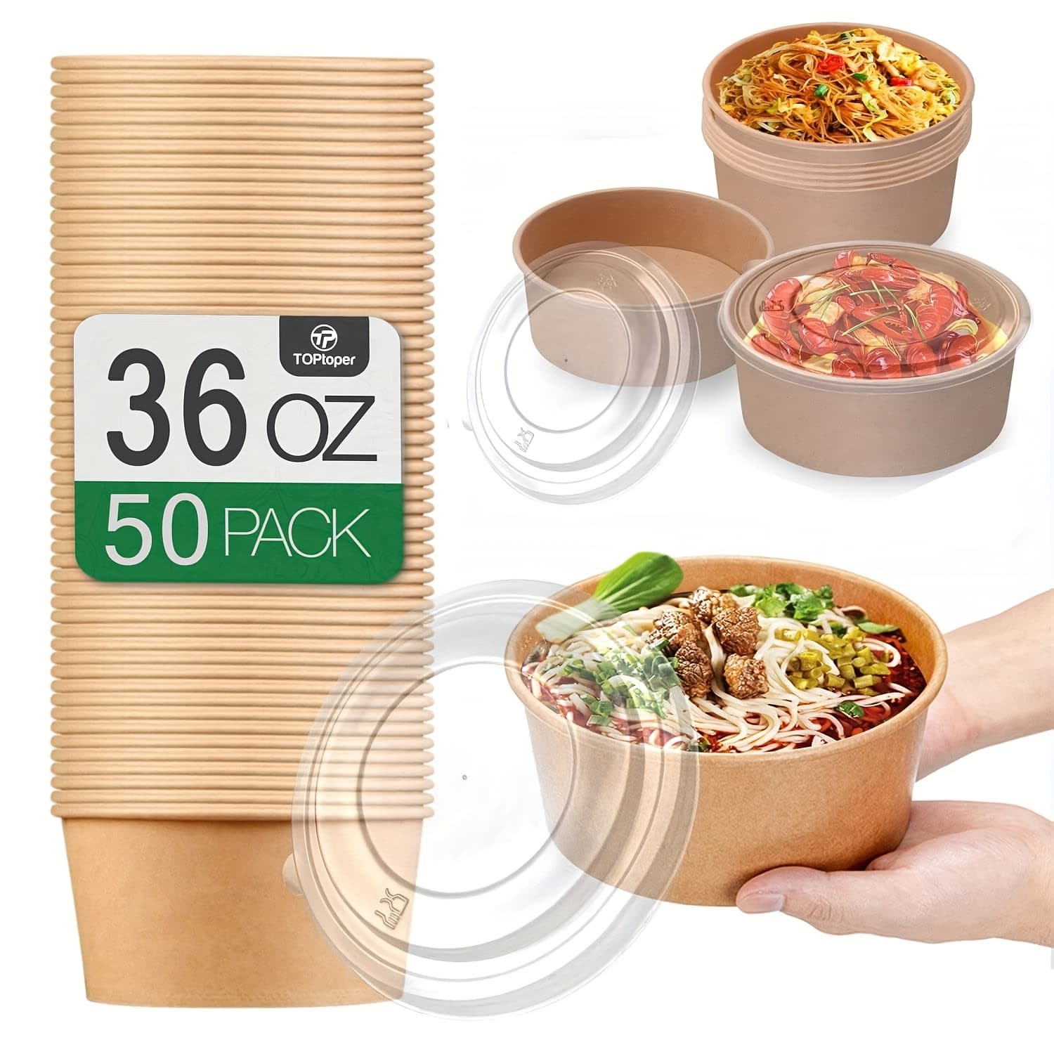 TEMU 50pcs 36oz Large Paper Bowls With Lids Disposable Soup Serving Bowls Bulk Party Supplies Meal Delivery Containers For Ice Cream Salad Dessert Kitchen Accessories