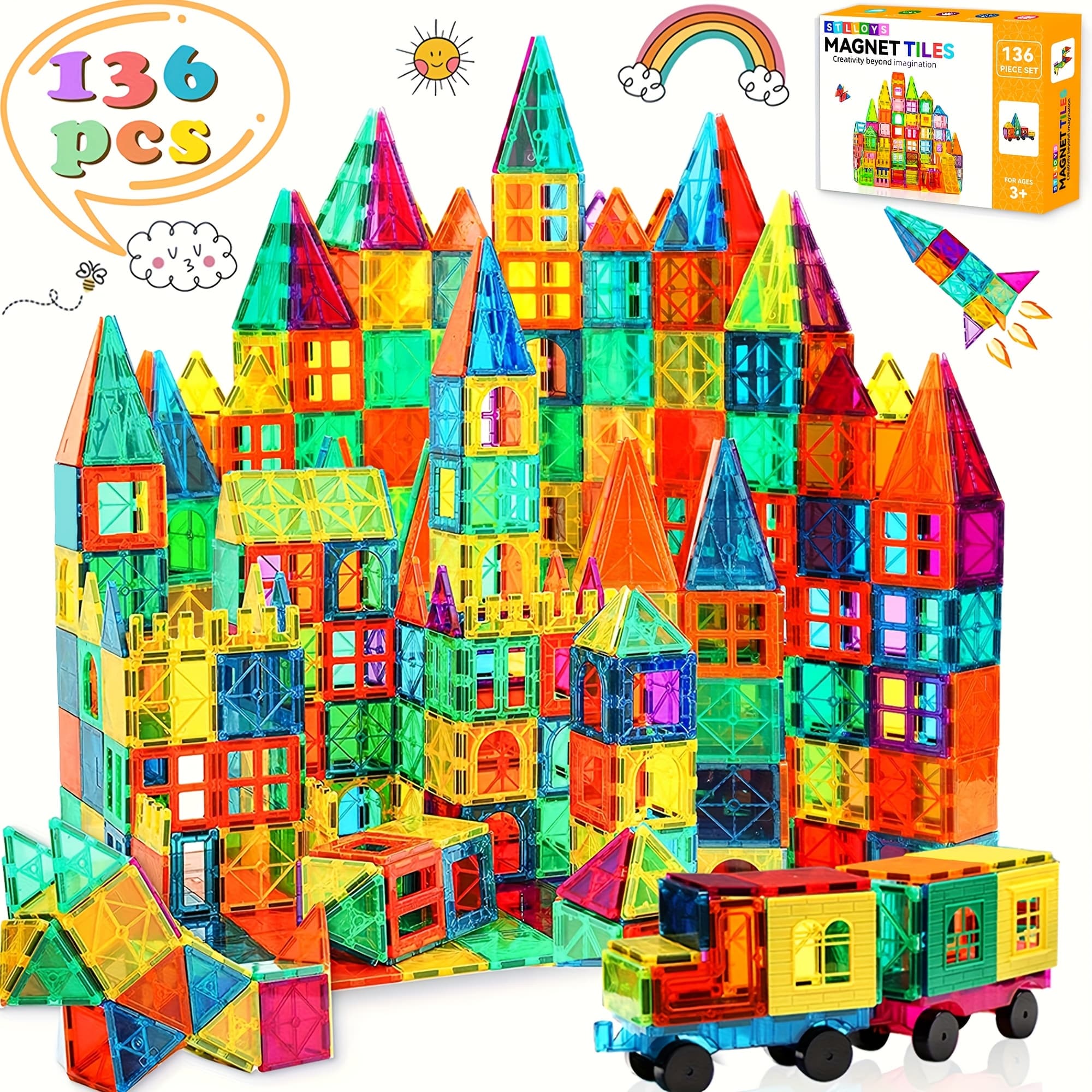 TEMU Magnetic Tiles 106pcs, 136pcs With 2 Cars, Stem Approved Educational Magnet Building Toys, Magnet Puzzles Stacking Blocks For Boys Girls, Best Birthday Christmas Gift For 3+ Years Old
