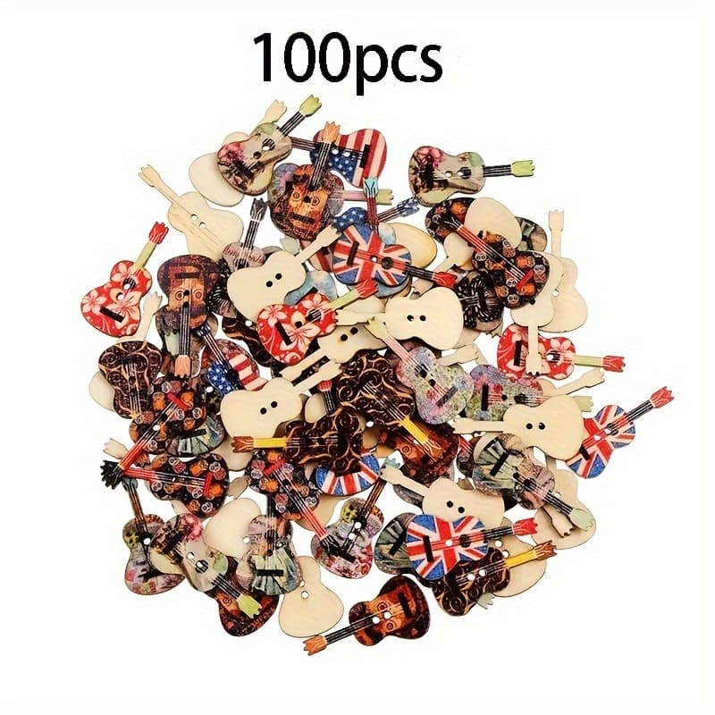 TEMU 100pcs Mixed Wood Buttons 2 Holes Creative Flower Guitar Shape Sewing Scrapbooking Button Random Country Color Diy Tools