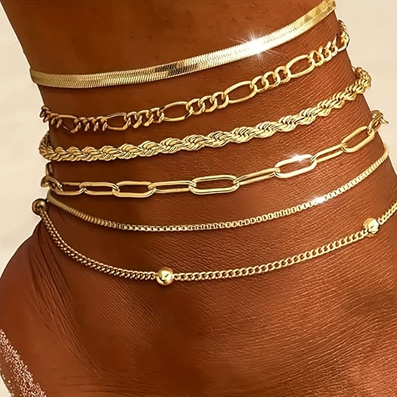 TEMU Set Of 6 Waterproof Golden Ankle Bracelets For Women, Featuring 14k Golden Plating, Layered Cuban Chain, And Herringbone Design. A Anklet Collection Perfect For For Women And Teenage