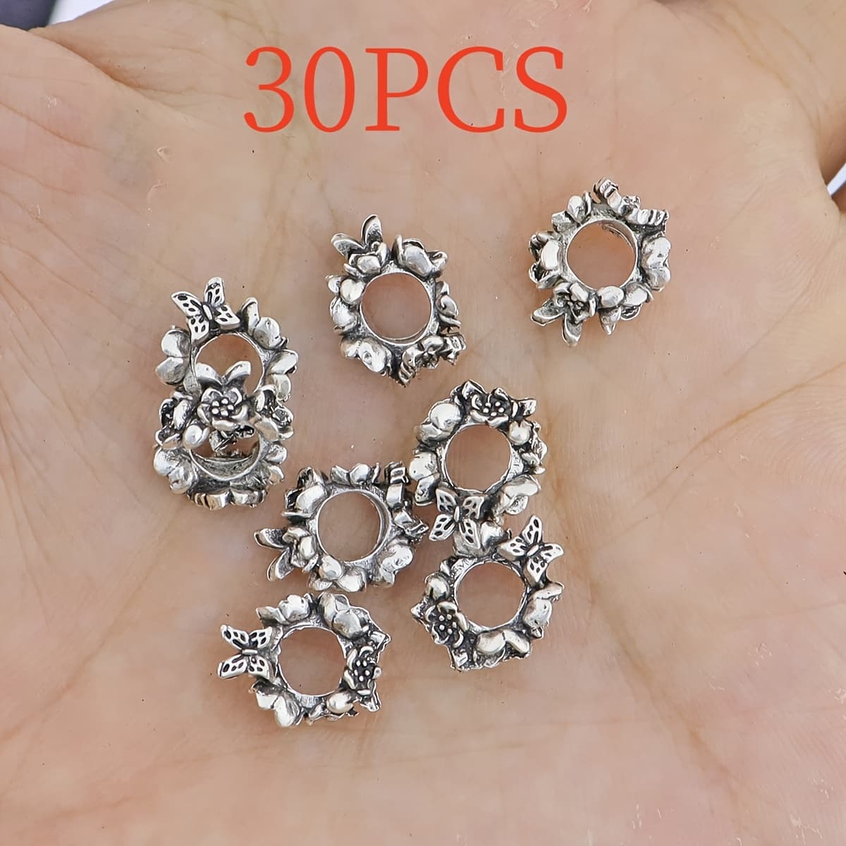 TEMU 30pcs Vintage Floral Spacer Beads, Large Hole Alloy Charms With Intricate Designs For Making, Perfect For Bracelets, Necklaces, And Fashionable Accessories, Charms For Jewelry Making
