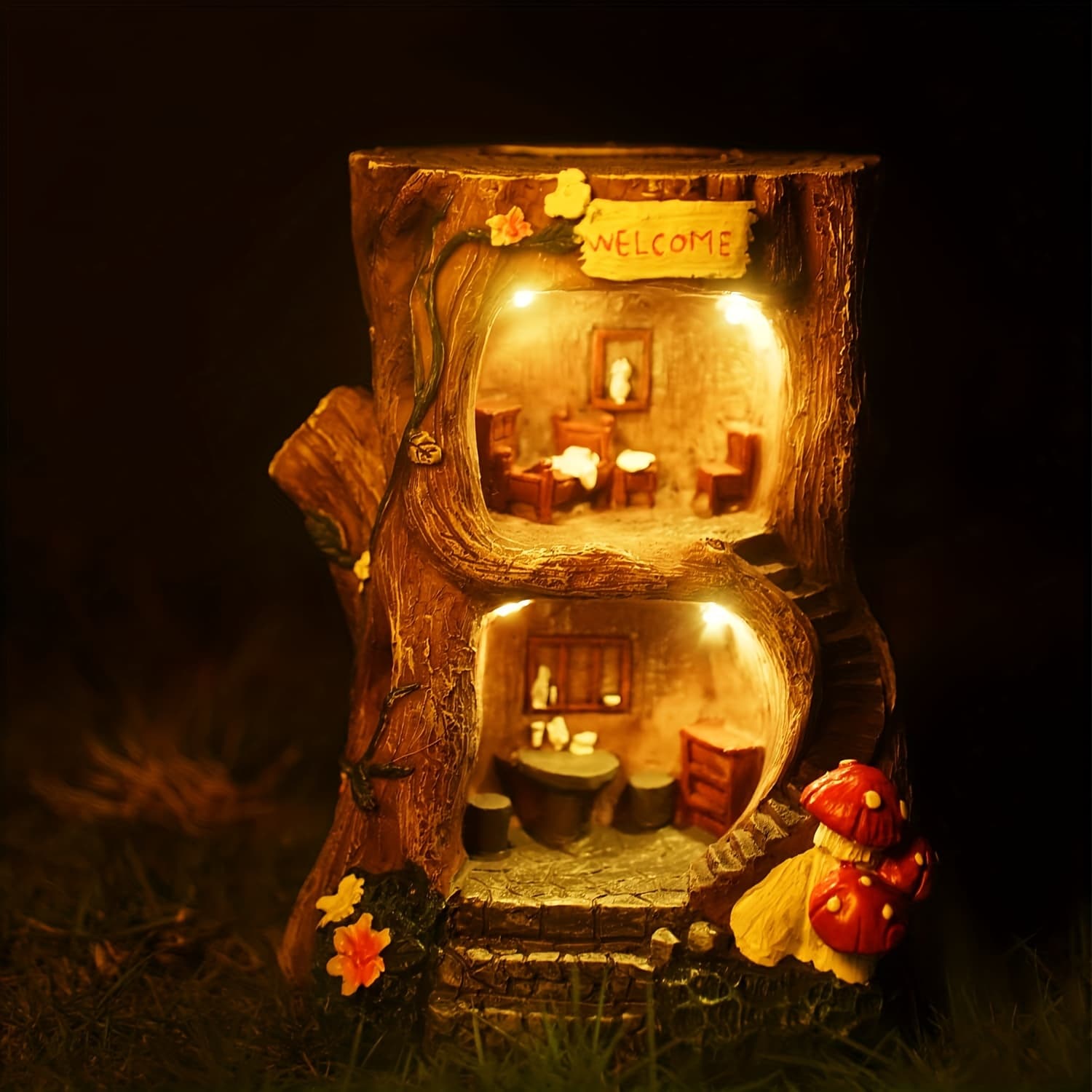 TEMU Solar Lamp Dwarfs Fairy Tree House Outdoor Sculpture, Elf Miniature Building Tree House Sculpture For Outdoor Garden Patio Lawn Path Decoration, 8 Inches Tall