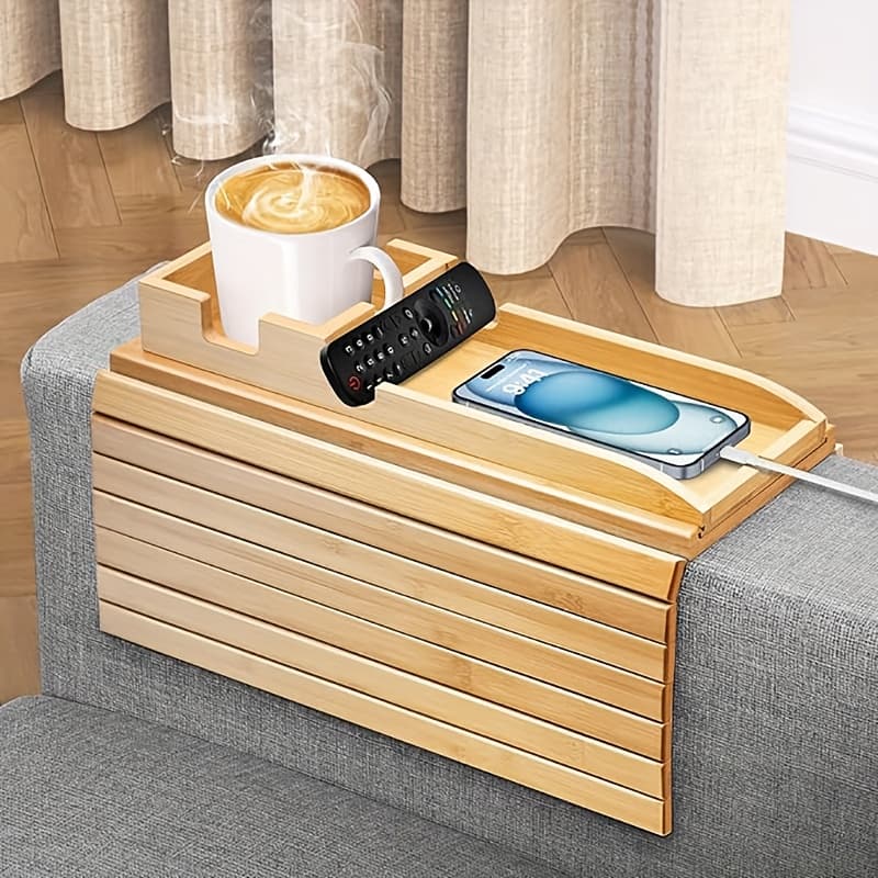 TEMU Couch Armrest Table, Couch Arm Tray With Removable Couch Cup Holder, 2in 1 Design Foldable Anti-slip Sofa Arm Tray For Remote Controls, Phones, Cups And Snacks, Non-food Contact