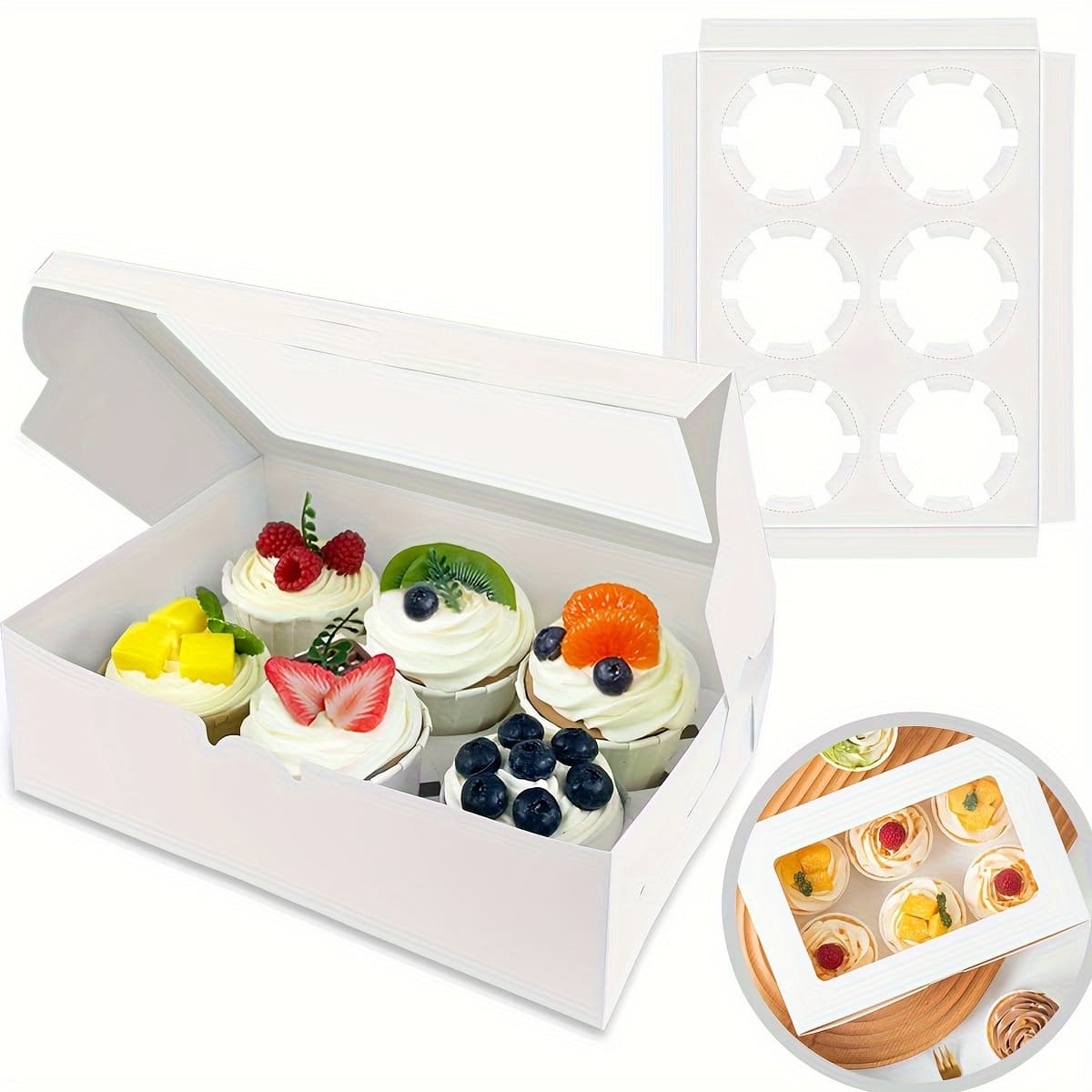 TEMU 30pcs Box With Window 6 Squares Cupcake Box 9.45*6.1*2.95in Cookie Box Small Treatment Box Mini Cake Box Dessert Cupcake Macaron Chocolate Pastry Baking Package