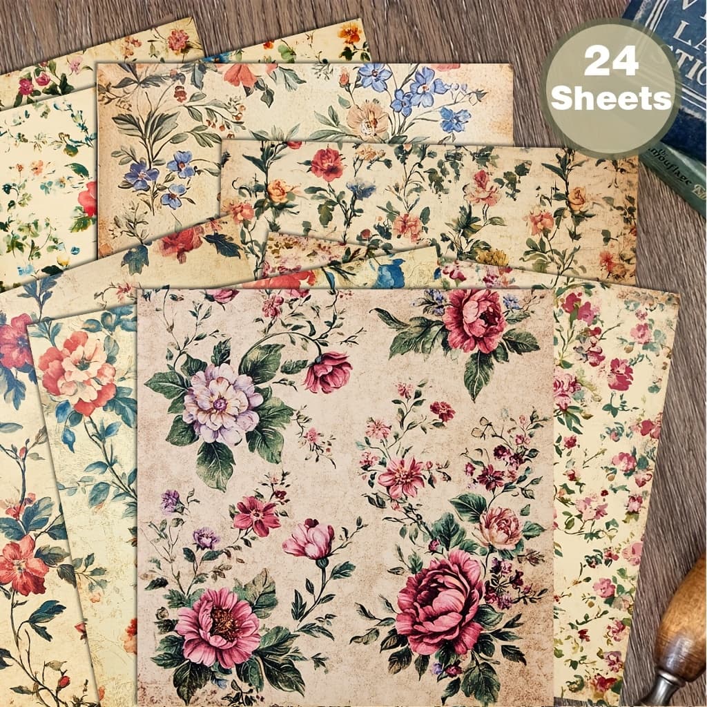 TEMU 24 Sheets Inches Vintage Floral Paper, Suitable For Collage, Origami Projects Decorative Paper, Paper, Handmade , Journal, Greeting Cards, Gift Wrapping And Home Decor Paper